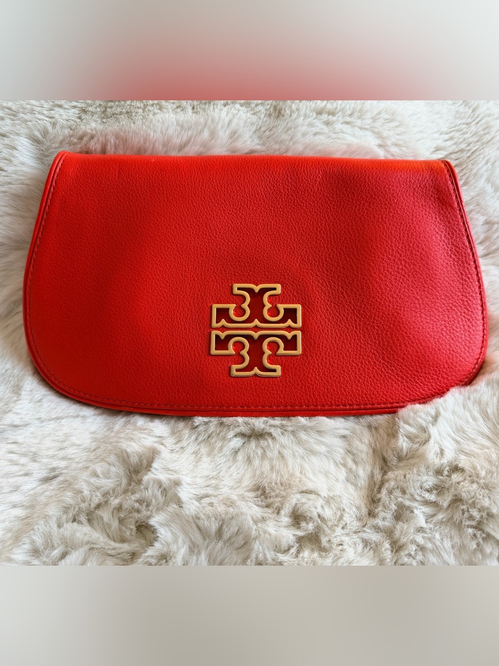 Tory Burch Bright Red Leather Logo Clutch with Gold Emblem